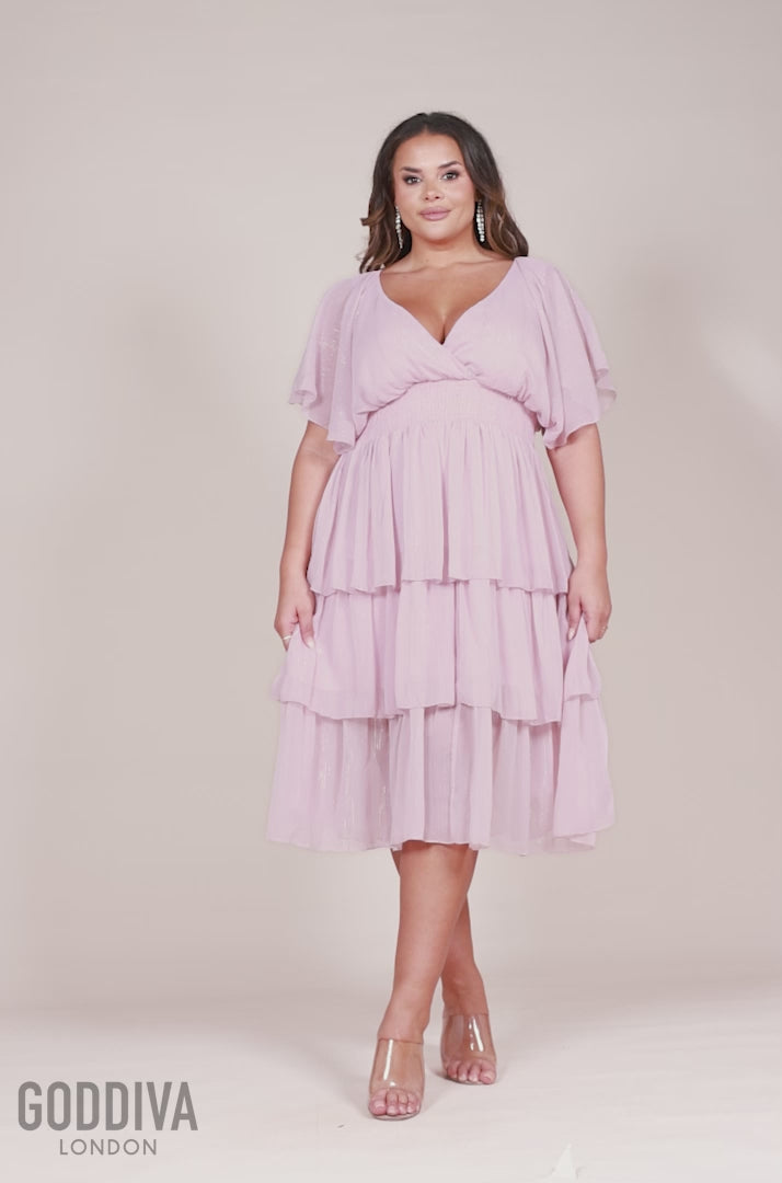 Plain Lurex Chiffon Tiered Midi Dress - Blush Pink DR3905P