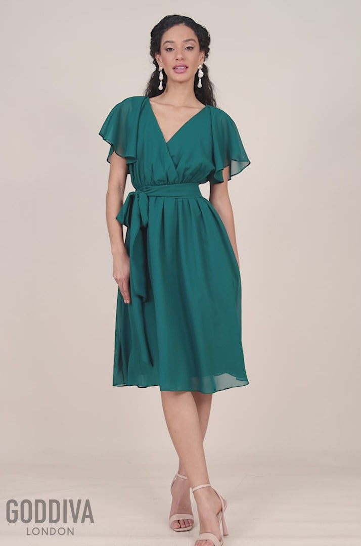 Sustainable Flutter Sleeve Chiffon Wrap Midi Dress - Green DR2555BBS