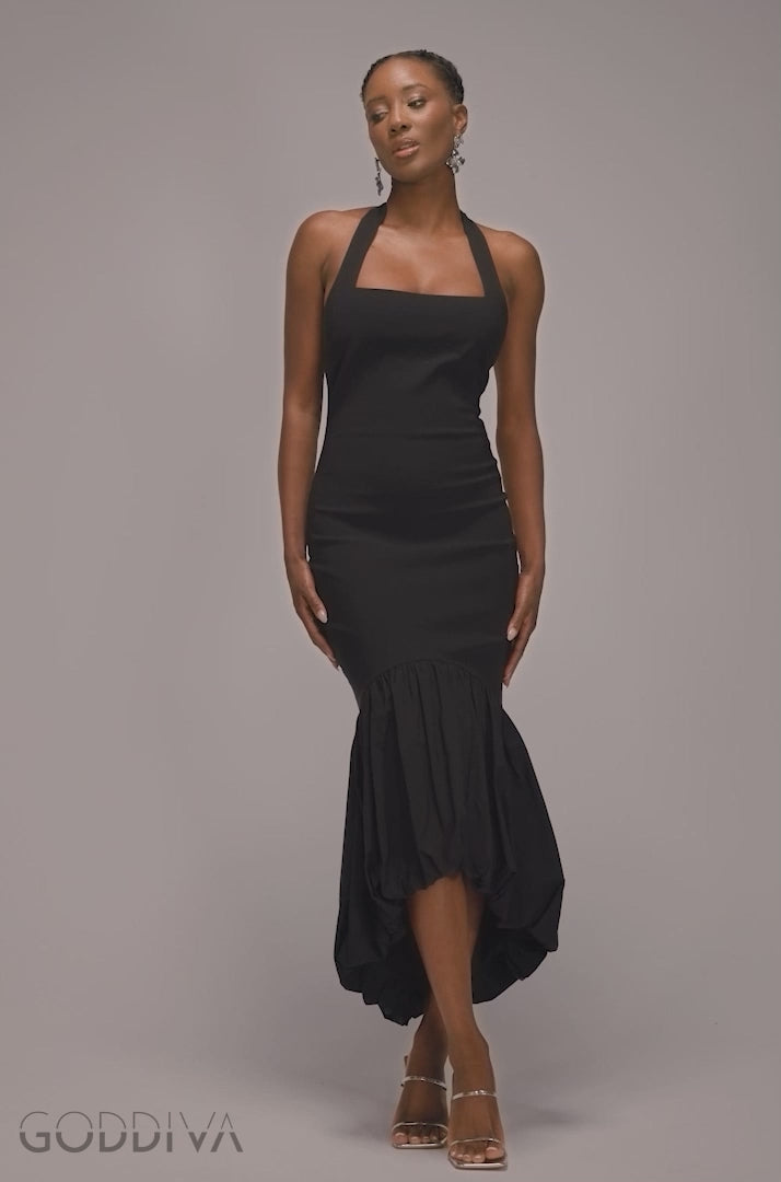 Halter Neck Puff Hem Mermaid Midaxi Dress - Black DR4747