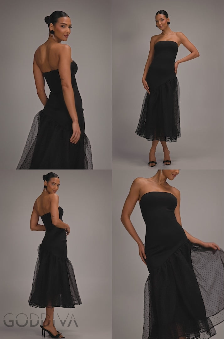 Strapless Asymmetric Tiered Midaxi Dress - Black