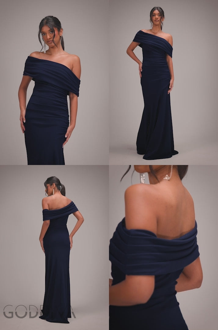 Pleated One Shoulder Bardot Fit And Flare Maxi Dress - Navy Blue DR4909