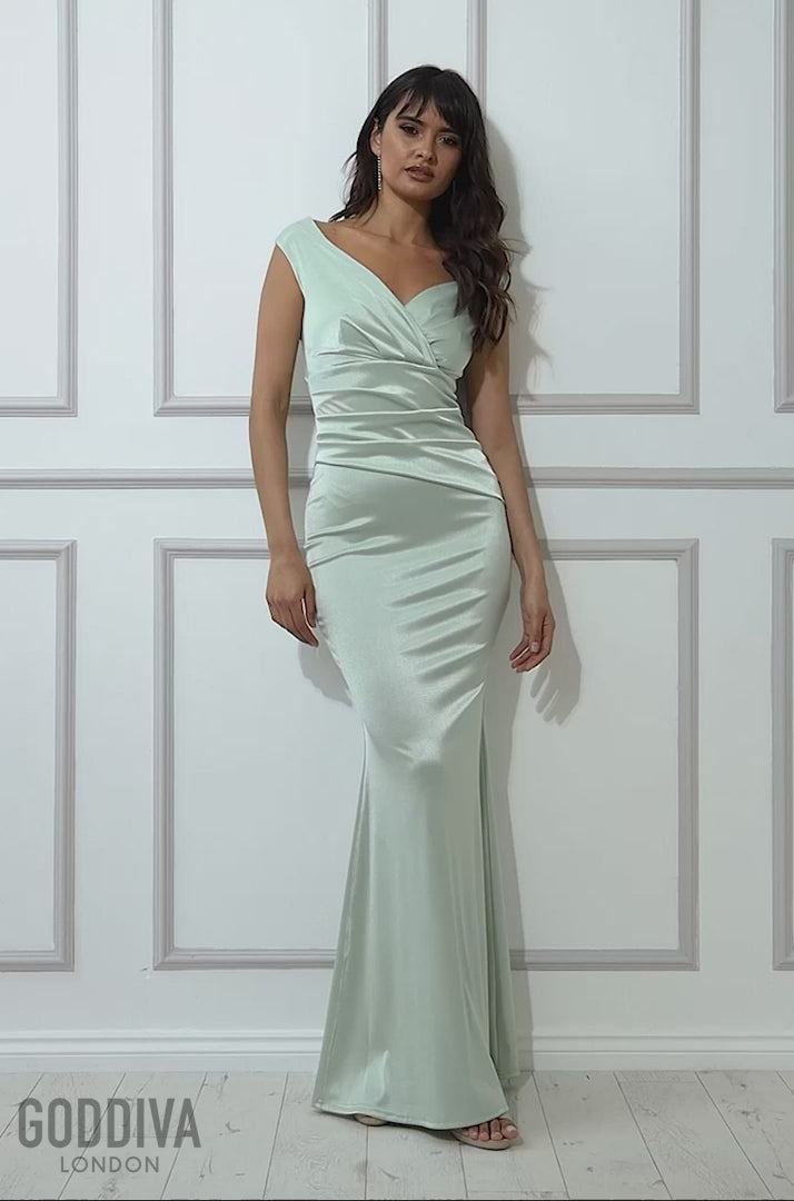 Satin Off The Shoulder Maxi Dress - Sage Green DR3580