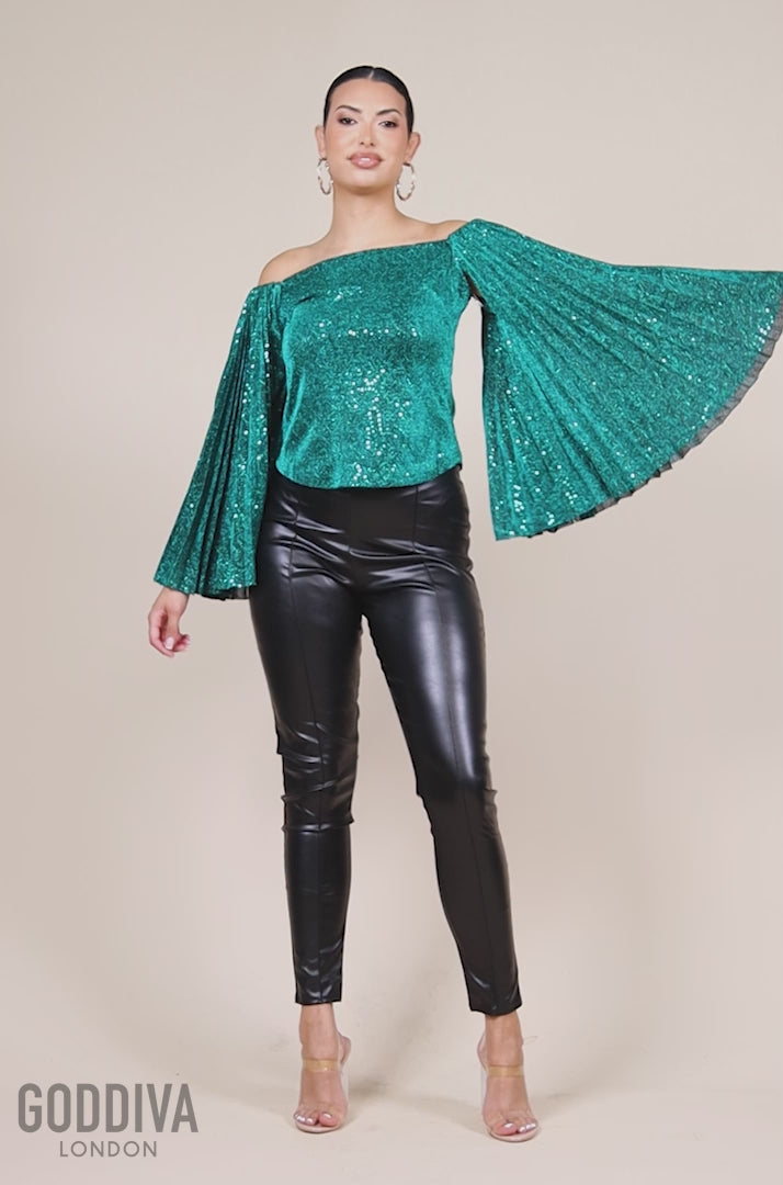 Sequin Lurex Bardot Pleated Sleeve Top - Teal Blue T205