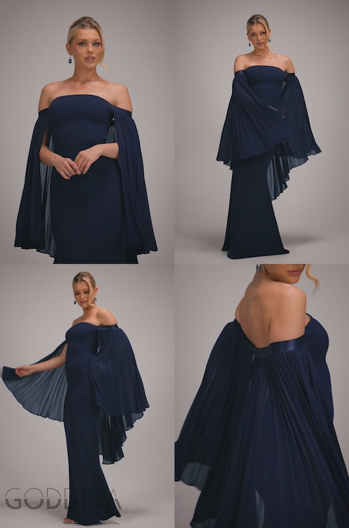 Boob Tube Maxi Dress With Pleated Chiffon Cape - Navy Blue DR4832