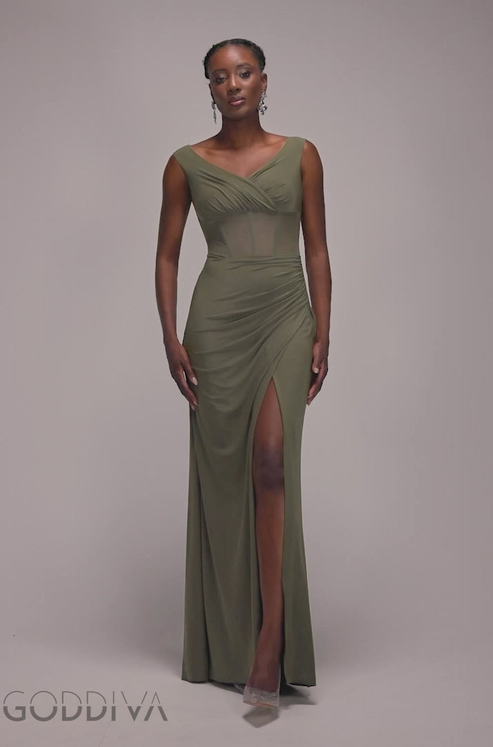 Off The Shoulder Corset Waist Mesh Wrap Skirt Soft Touch Maxi Dress - Khaki Green DR4865