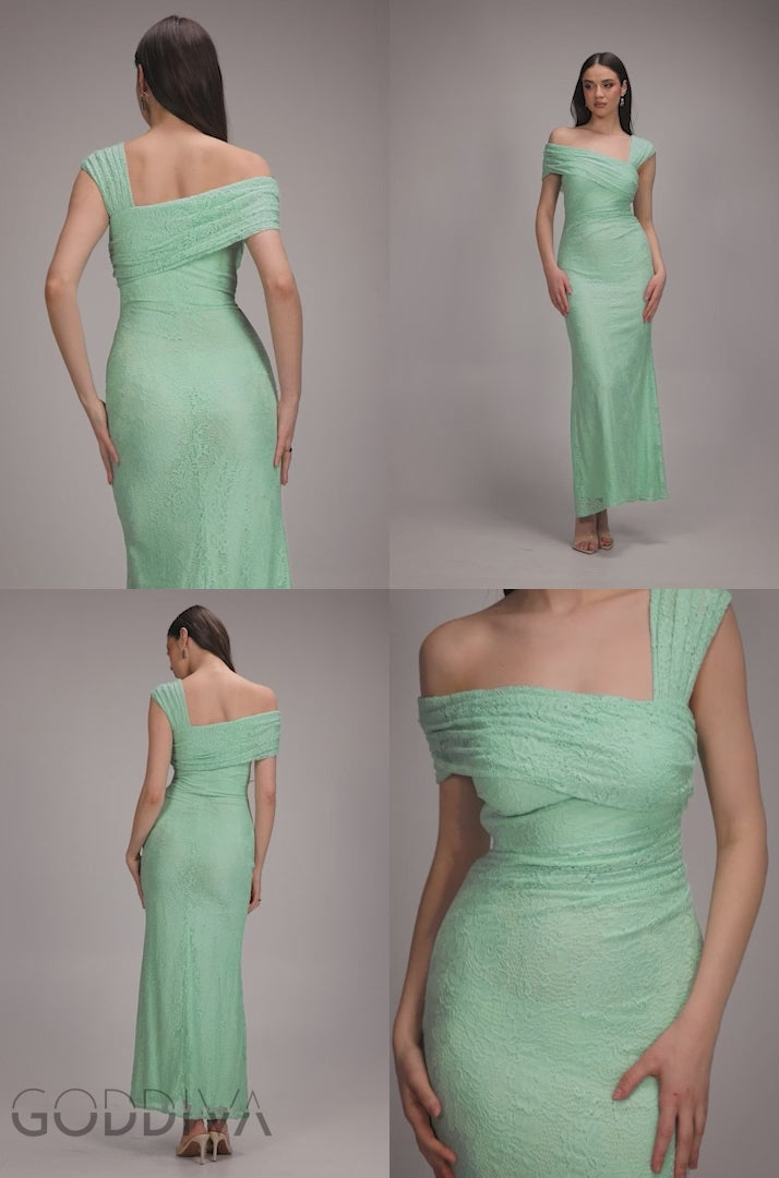 One Shoulder Pleated Bardot Lace Maxi Dress - Mint Green DR4956