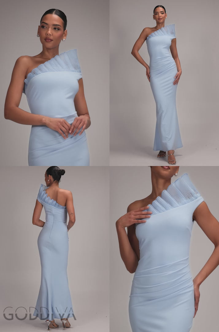 One Shoulder Organza Frill Pleated Mermaid Maxi Dress - Powder Blue DR4858