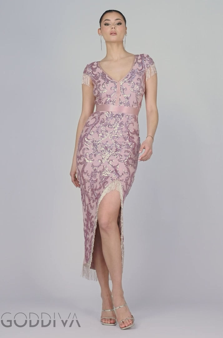 Embroidered Sequin Tassel Front Split Midaxi Dress - Blush Pink DR4590