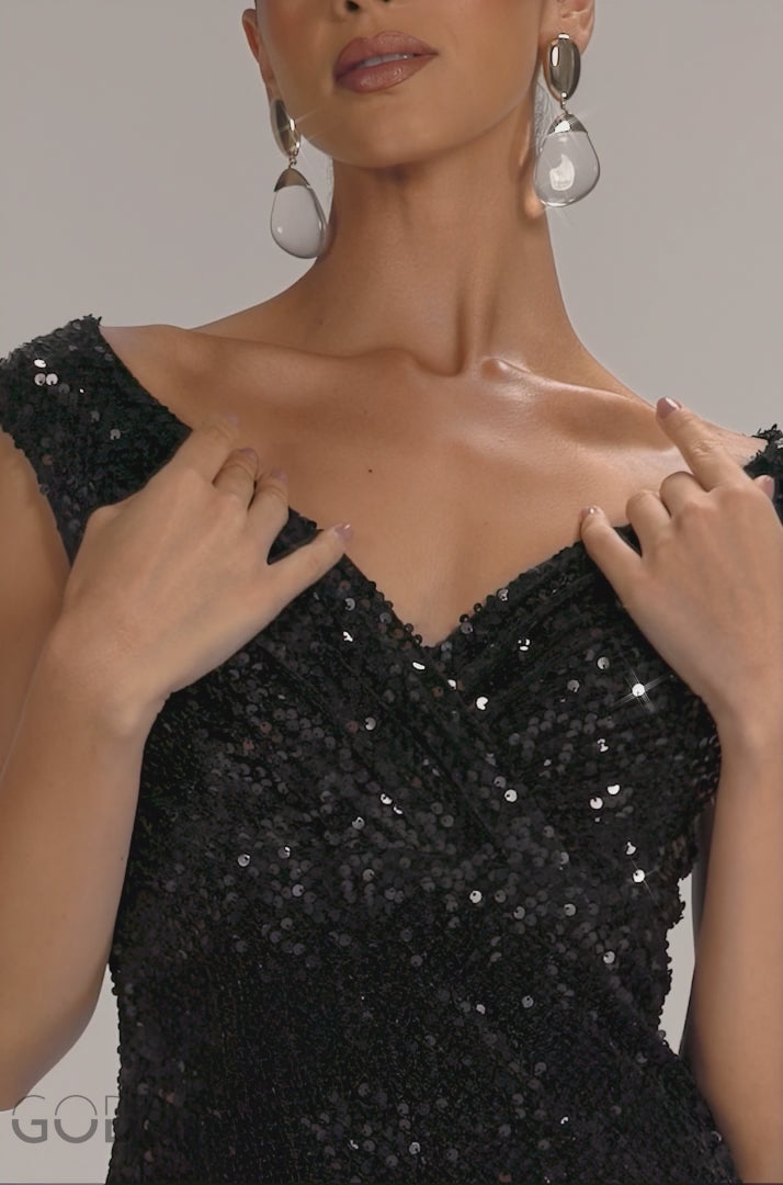 Sequin & Velvet Off The Shoulder Wrap Maxi Dress - Black DR5256