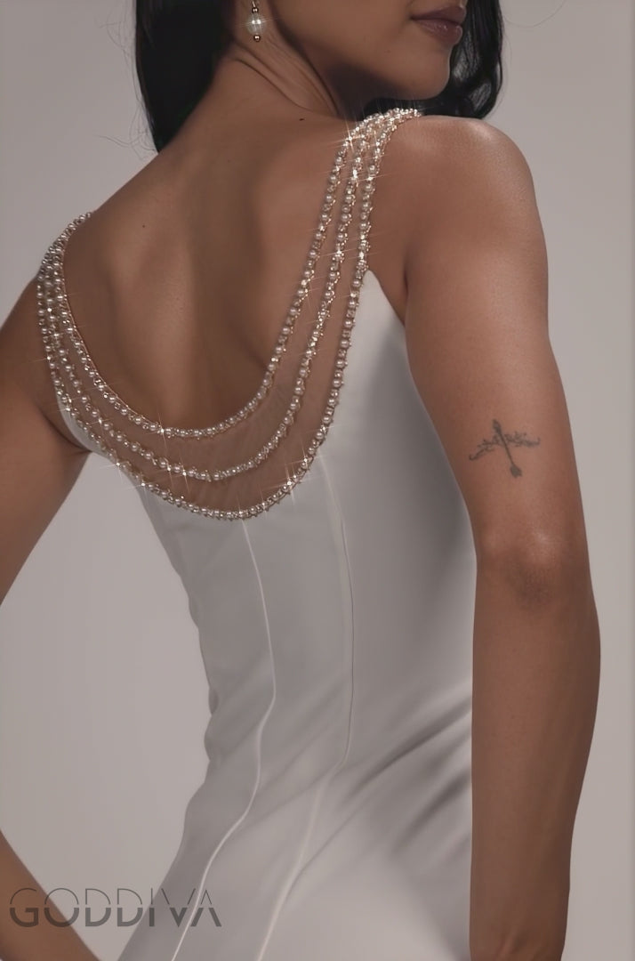Diamante Pearl Neck Scuba Crepe Sleeveless Maxi Dress - White DR5210