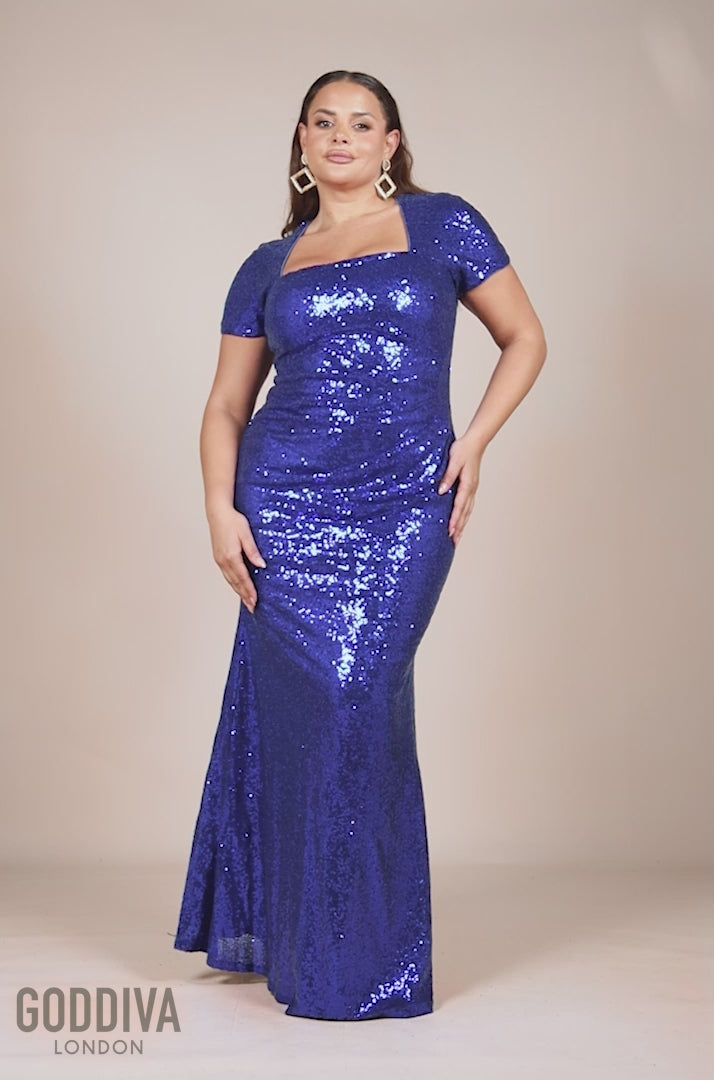 Sequin Portrait Neckline Maxi Dress - Royal Blue DR335P