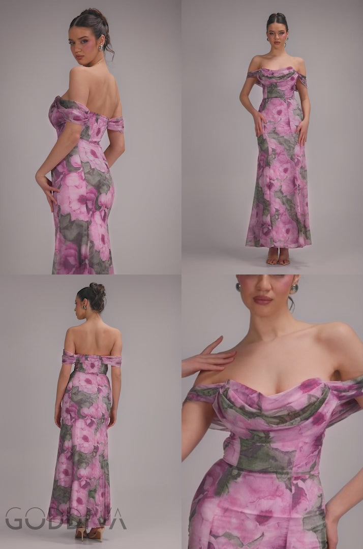Cowl Neck Floral Print Jacquard Chiffon Maxi Dress - Blush Pink DR4583