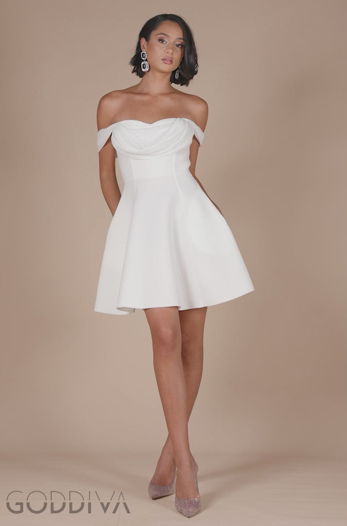 Sparkle Chiffon Cowl Bardot Skater Mini Dress - Cream DR4709