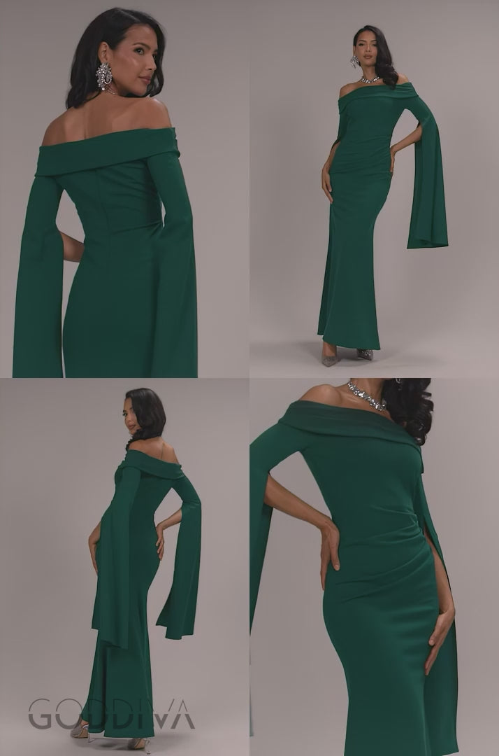 Off Shoulder Bardot Maxi Dress With  Split Cape Sleeves - Emerald Green DR5254