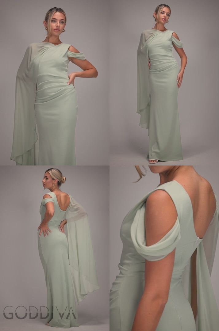 One Shoulder Chiffon Cape Crepe Maxi Dress - Sage Green DR4982