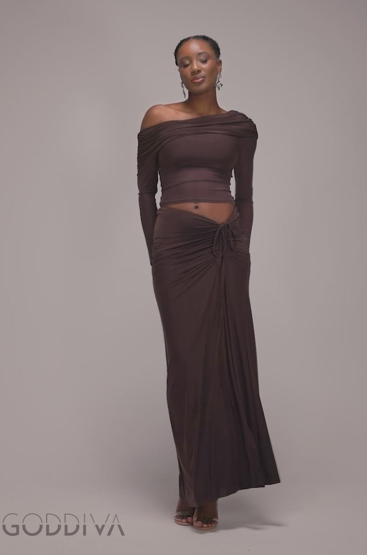 Super Split Front Drawstring Maxi Skirt - Brown SK60