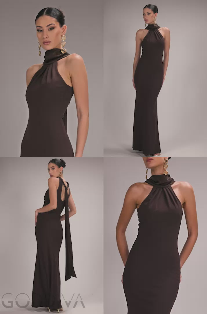 Scuba & Velvet Satin Cape Sleeve Halterneck Maxi Dress - Brown DR4973