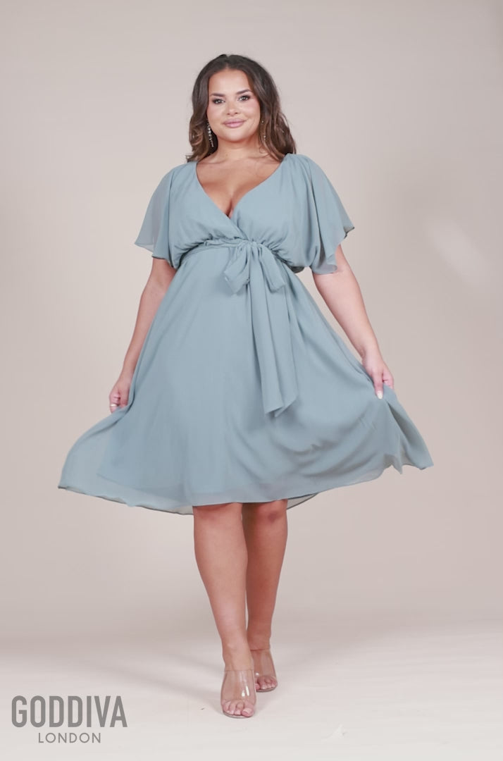 Flutter Sleeve Wrap Midi Dress - Blue DR2555P