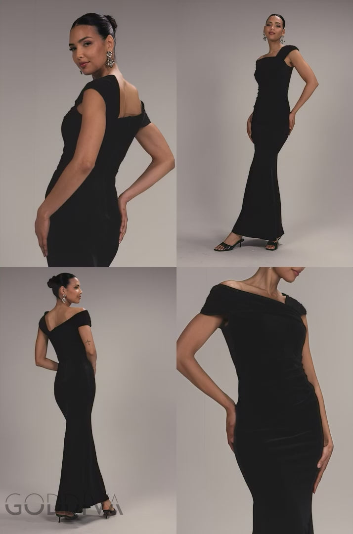 One Shoulder Velvet Maxi Dress - Black DR4578