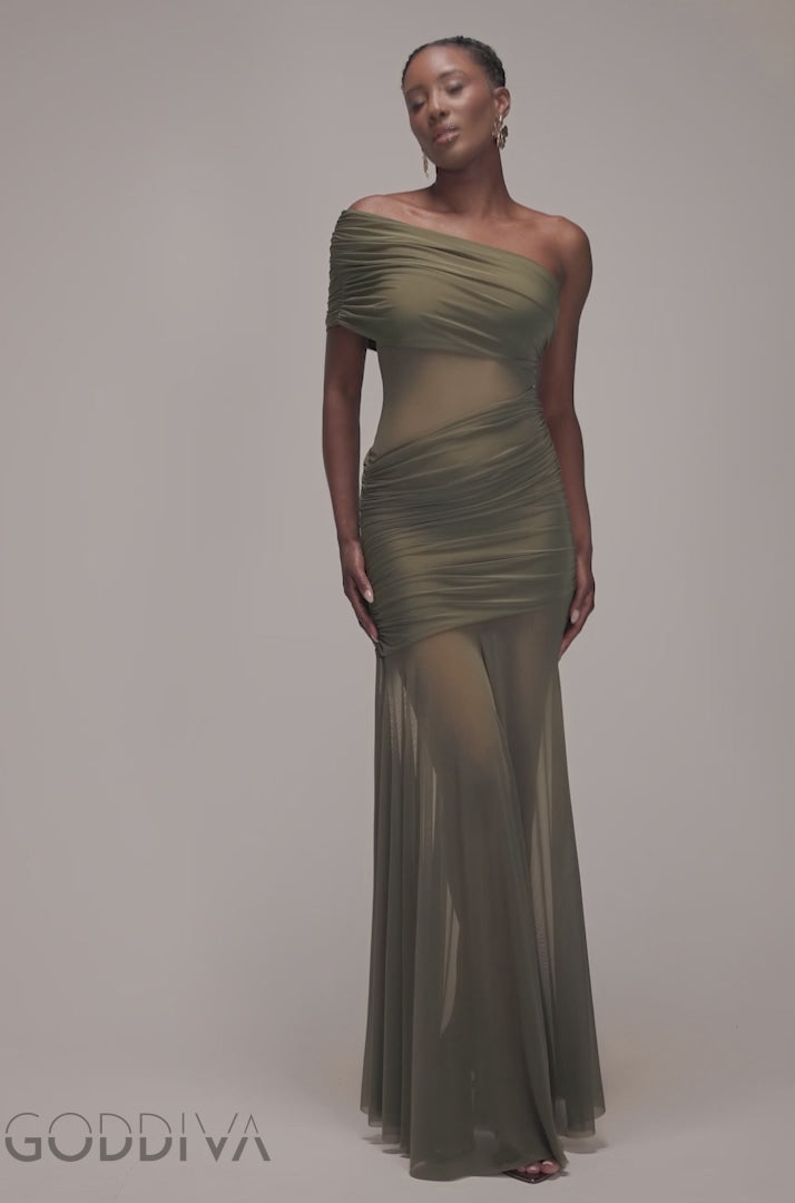 Gathered One Shoulder Sheer Panel Maxi Dress - Khaki Green DR4828