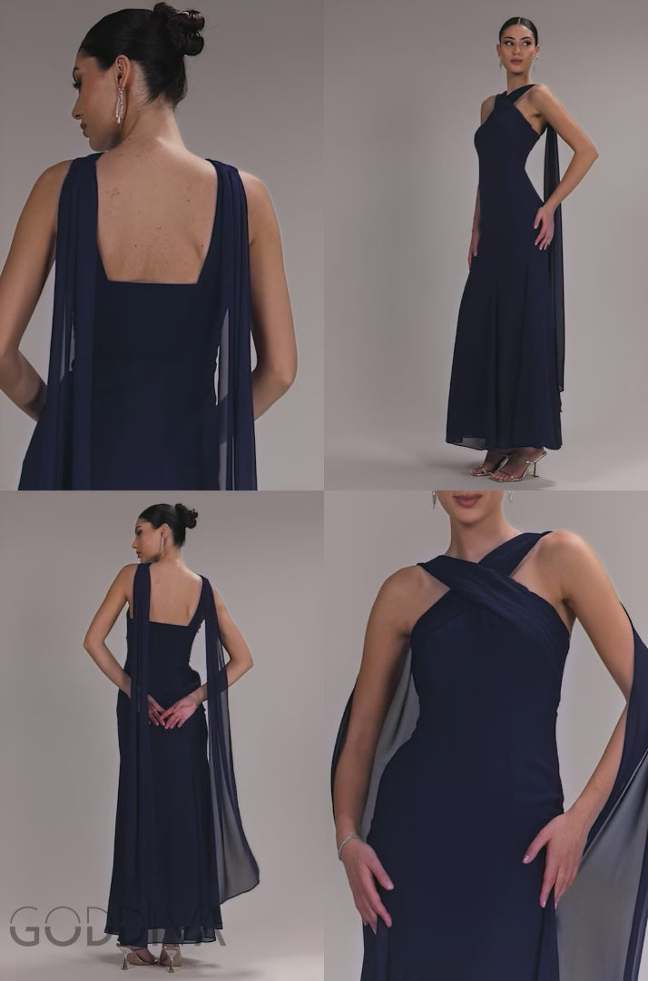 Cross Front Scarf Back Chiffon Mermaid Maxi Dress - Navy Blue DR4831