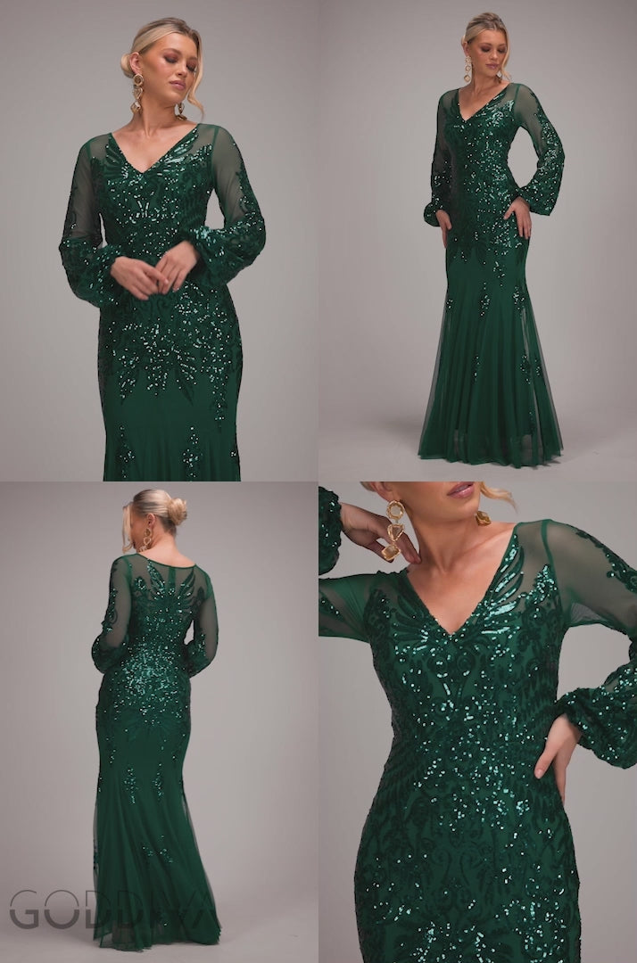 Embellished Sequin Bishop Sleeve Maxi Dress - Emerald Green DR4634
