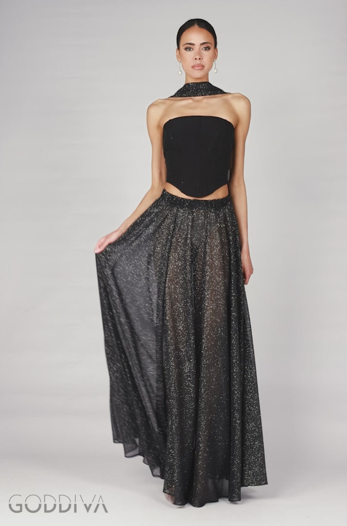 Compact Crepe Lace Up Corset With Gathered A-Line Glitter Chiffon Maxi Skirt & Scarf - Black LOOK02