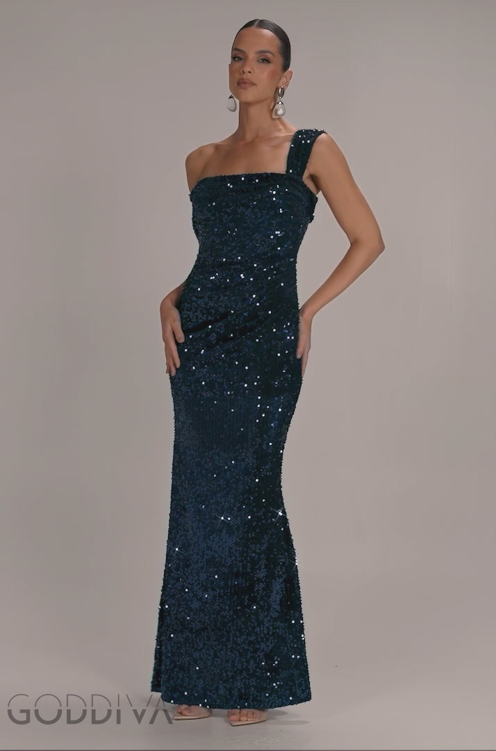 Asymmetric Off Shoulder Pleated Waist Maxi Dress - Navy Blue DR5171