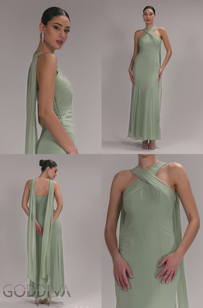 Cross Front Scarf Back Chiffon Mermaid Maxi Dress - Sage Green DR4831