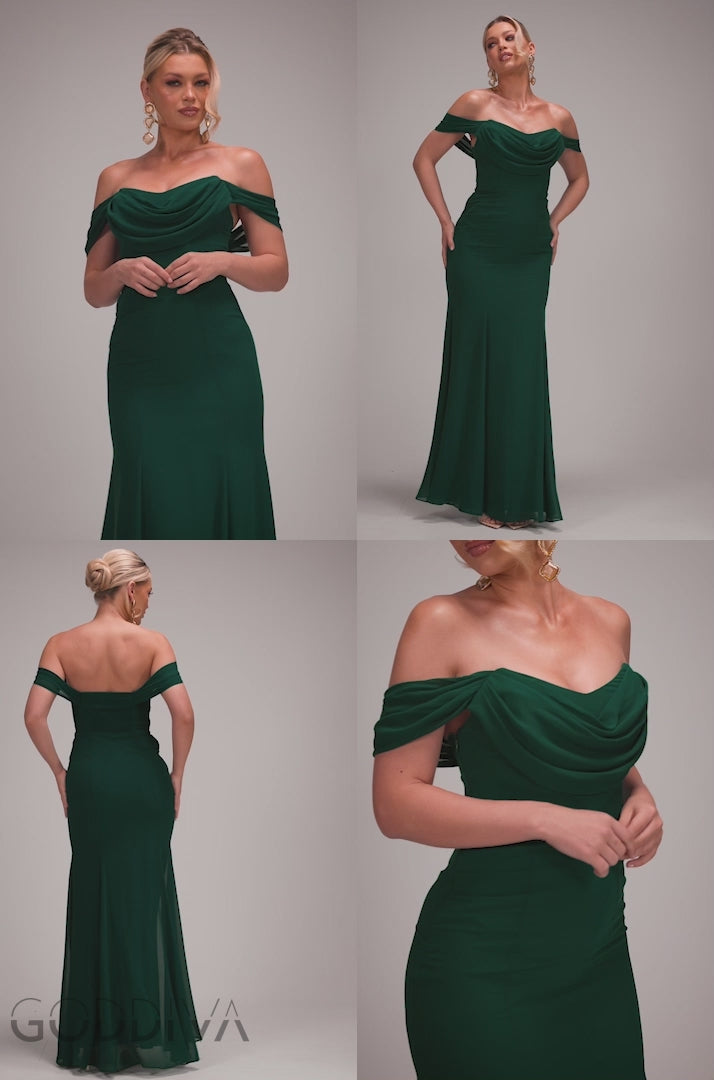 Chiffon Bardot Cowl Neck Maxi Dress - Emerald Green DR2781A
