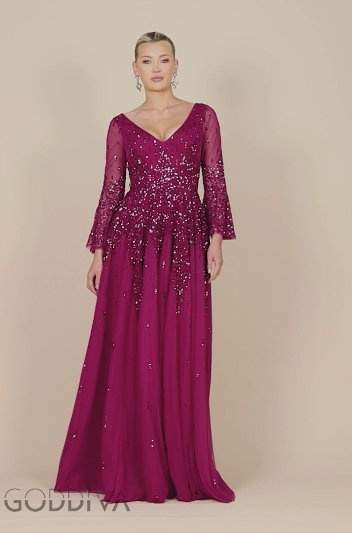 Sunray Sequin A-Line Bell Sleeve Maxi Dress - Burgundy DR4654