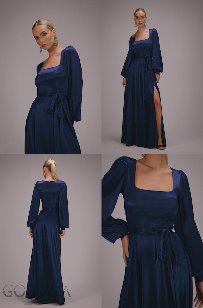Satin Square Neck Bishop Sleeve A Line Maxi Dress - Navy Blue DR4919BR