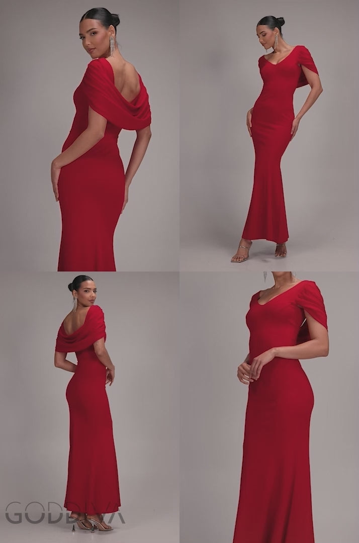 V Neck Cowl Back Pleated Sleeve Scuba Maxi Dress - Red DR5010