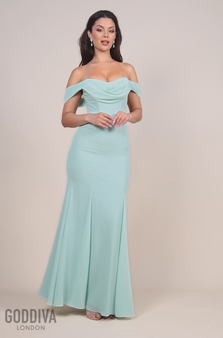 Chiffon Bardot Cowl Neck Maxi Dress - Sage Green DR2781A