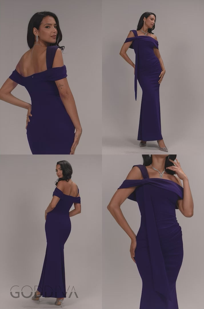 One Shoulder Twisted Bardot Asymmetric Mermaid Maxi Dress - Deep Purple DR4910