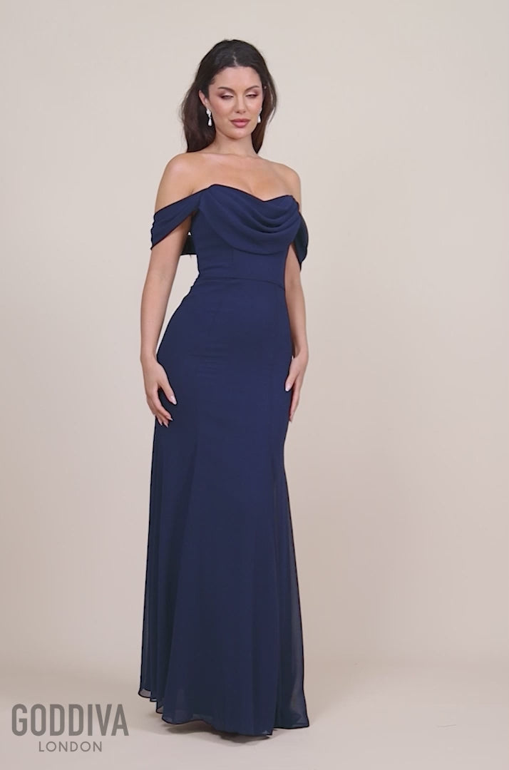 Chiffon Bardot Cowl Neck Maxi Dress - Navy DR2781A