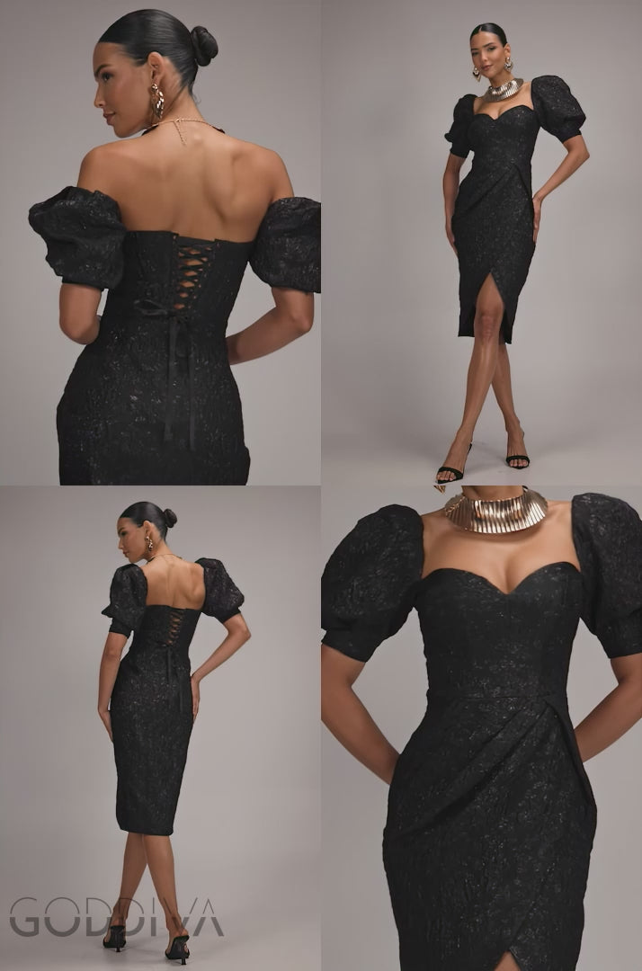 Puff Sleeve Sweetheart Midi Dress - Black DR4883