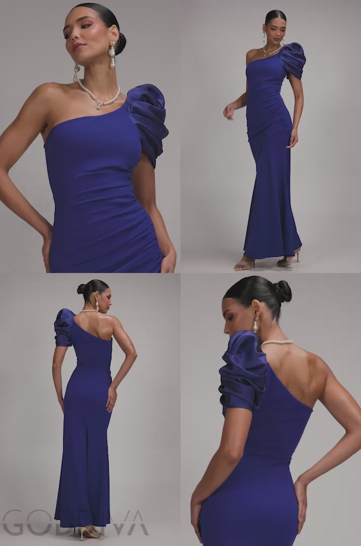 One Shoulder Puffed Satin Sleeve Evening Maxi Dress - Royal Blue DR4640
