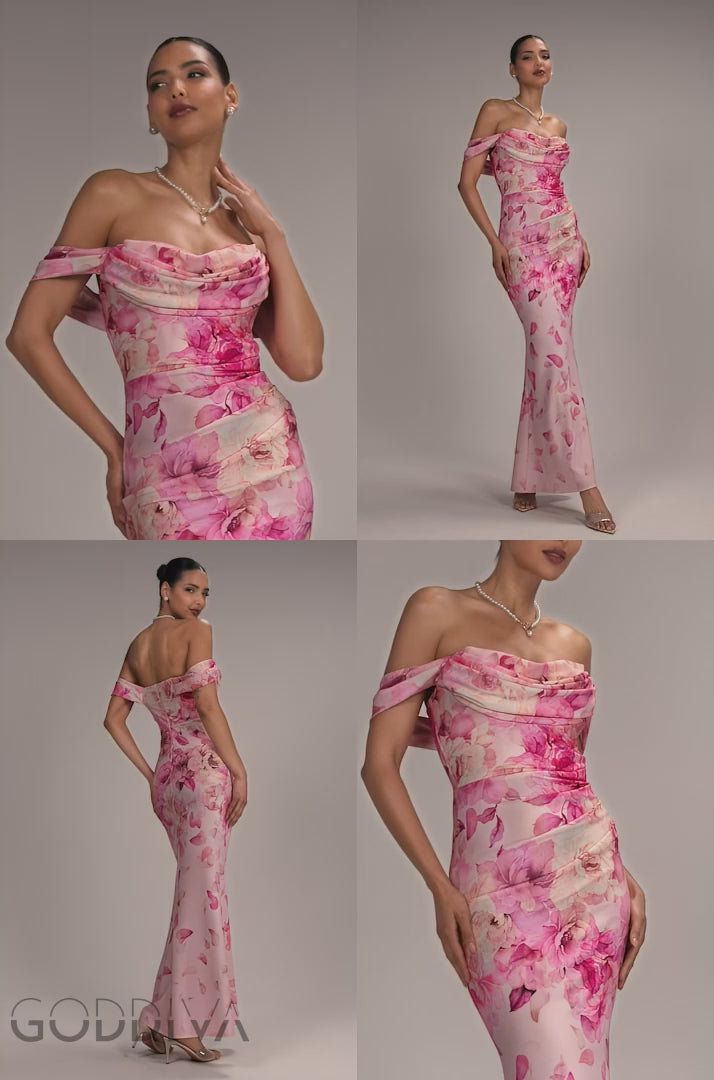 Printed Cowl Neck Pleated Waist Maxi Dress - Blush Pink DR5186