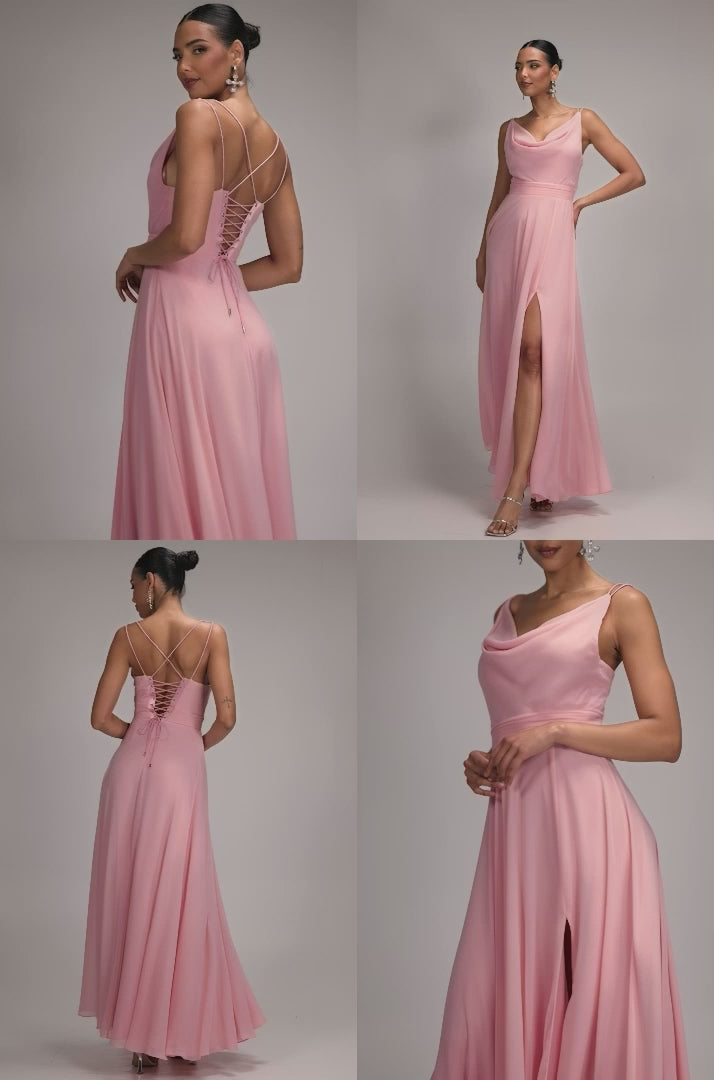 Chiffon Cowl Twisted Rope Strap Lace-up Flared Maxi Dress - Blush Pink DR4937