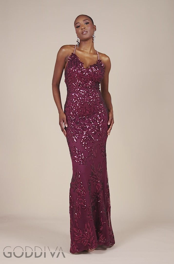 Cross Back Diamante Strap Sequin Maxi - Burgundy DR4009