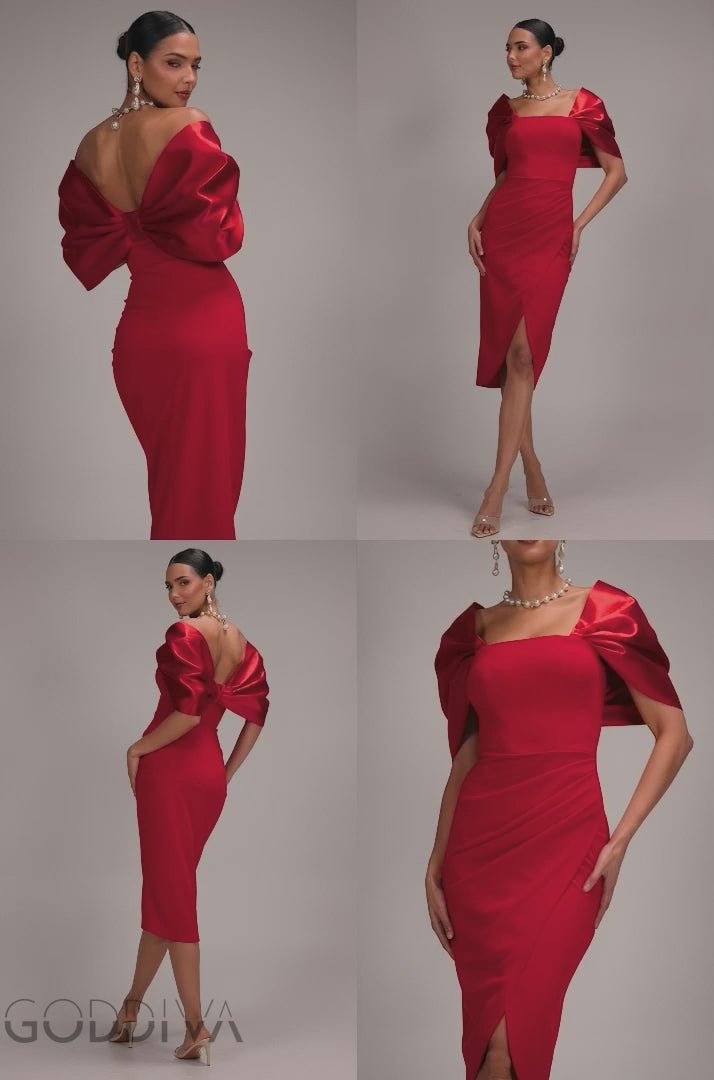 Off Shoulder Back Satin Bow Wrap Crepe Midi Dress - Red DR4939