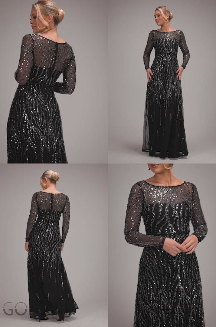 Ombre Sequin Beaded Flared Long Sleeve Maxi Dress - Black DR4782