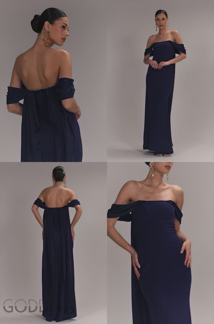 Off Shoulder Velvet Satin Wing Cape Maxi Dress - Navy Blue DR5079