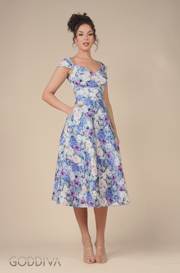 Floral Print A-Line Sweetheart Midi Dress - Powder Blue DR4635