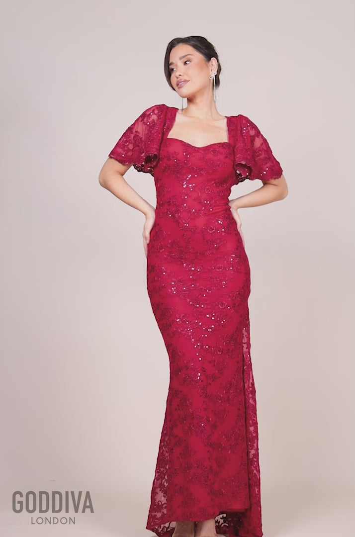 Scalloped Cape Open Back Lace & Sequin Maxi Dress - Red DR4252