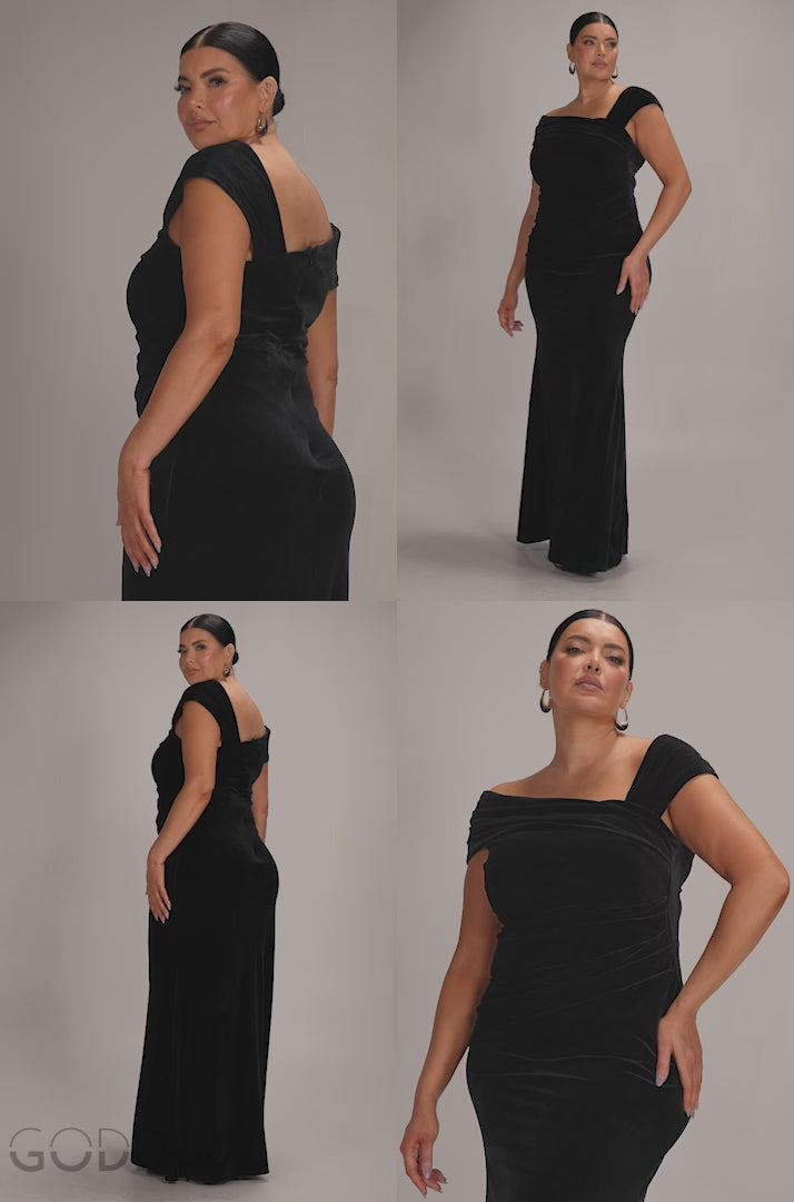 Velvet Pleated One Off Shoulder Maxi Dress - Black DR4578PLUS