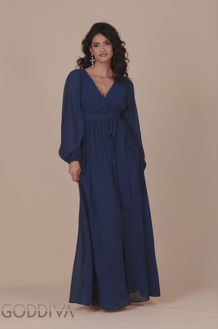 Sustainable Front Split Wrap Style Chiffon Maxi Dress - Navy Blue DR4314BBS