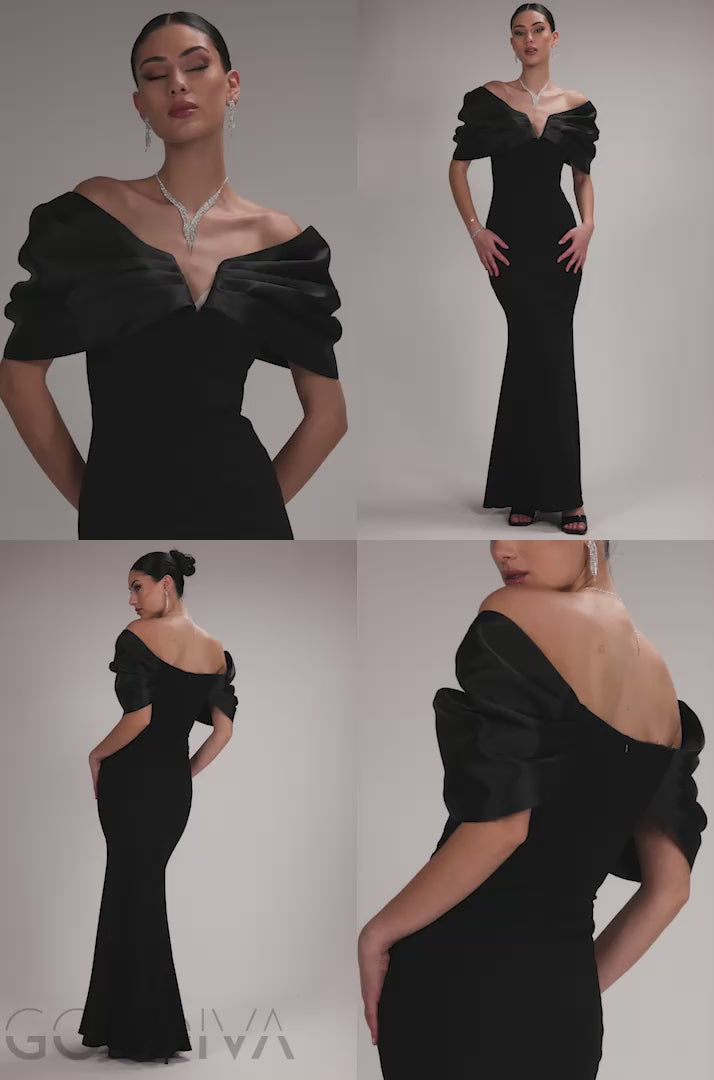Satin Plunge Neck Bardot Scuba Maxi Dress - Black DR5040