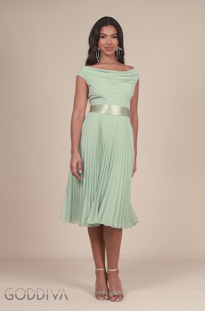 Cowl Neck Pleated A-Line Chiffon Midi Dress - Sage Green DR4501